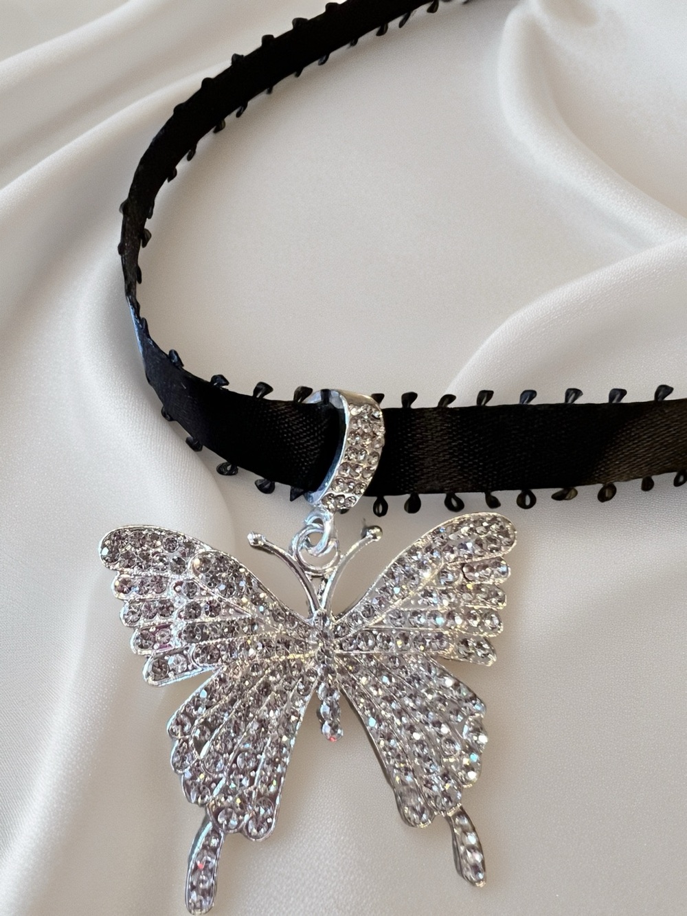 Crystal Butterfly Pendant Black Double Sided Satin Ribbon Choker